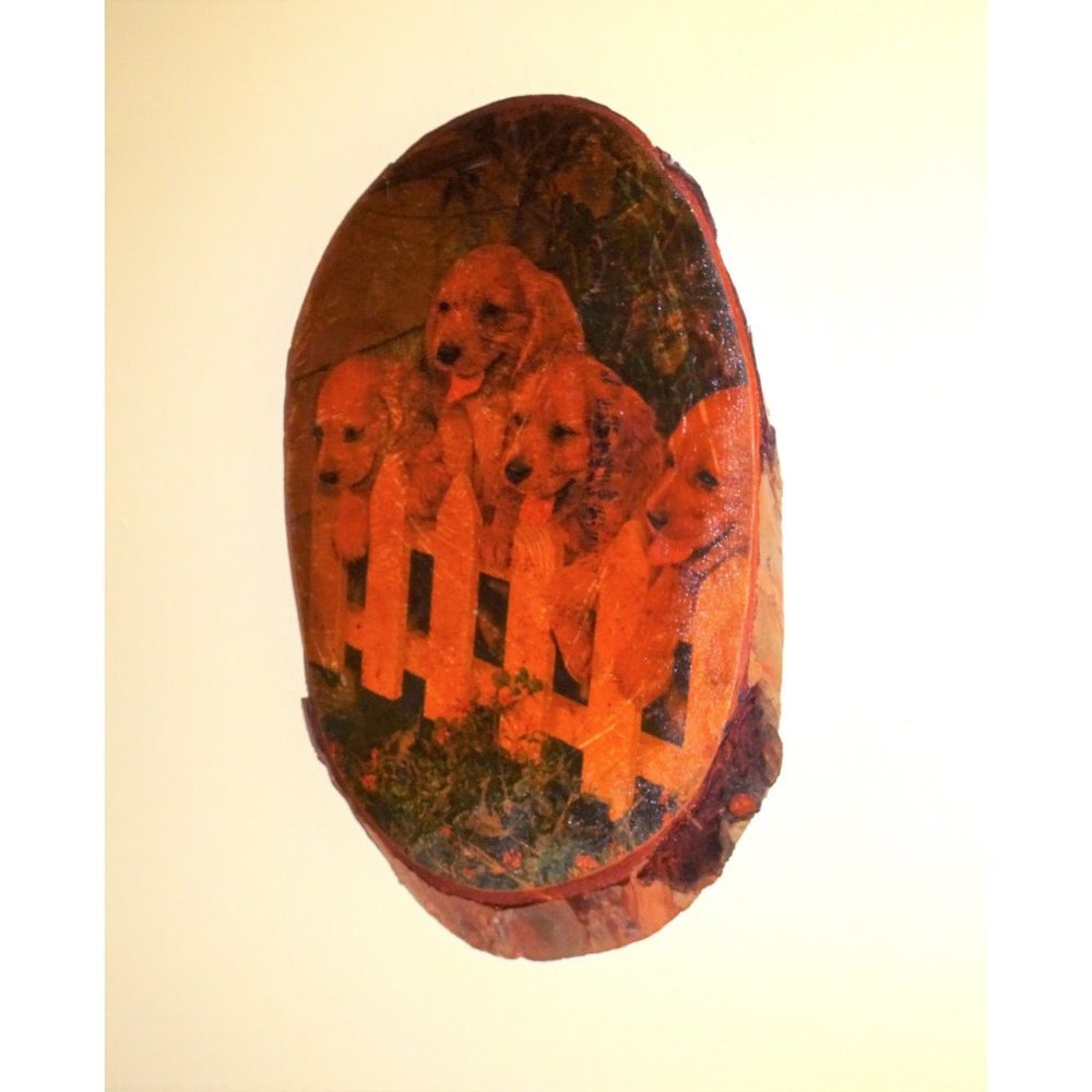 Vintage Golden Retriever Puppies Wood Plaque Decoupage Wall Hanging log 1950's